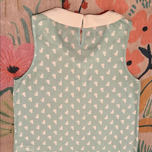 Cutest kitty cat print Peter Pan collar Forever 21 teal/sea foam and white top! - Picture 2 of 4